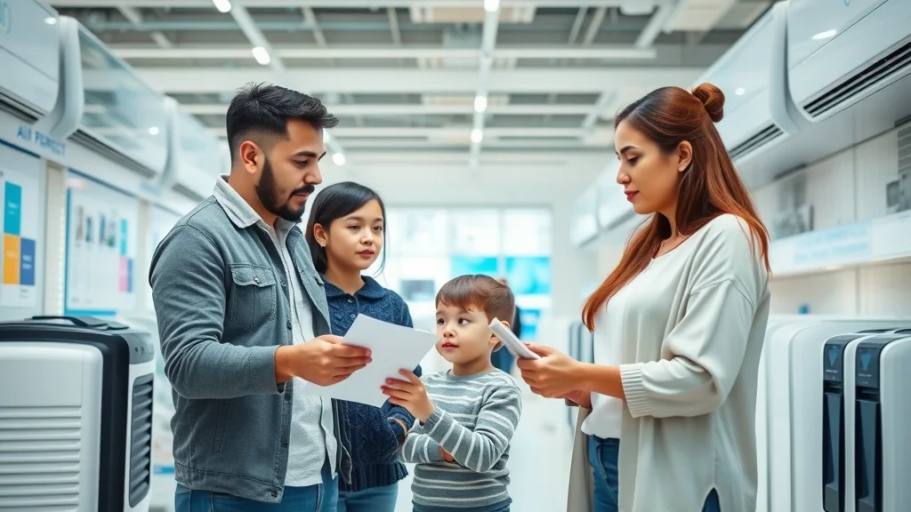 modern family selecting asthma air purification system at home electronics store, parents comparing units, child observing, photorealistic retail environment, cool white and blue palette