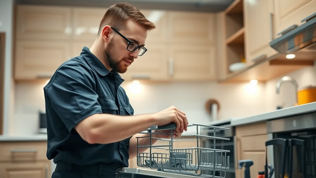 Professional appliance technician in uniform working on a dishwasher — attentive and professional, modern kitchen appliance repair service, eustis