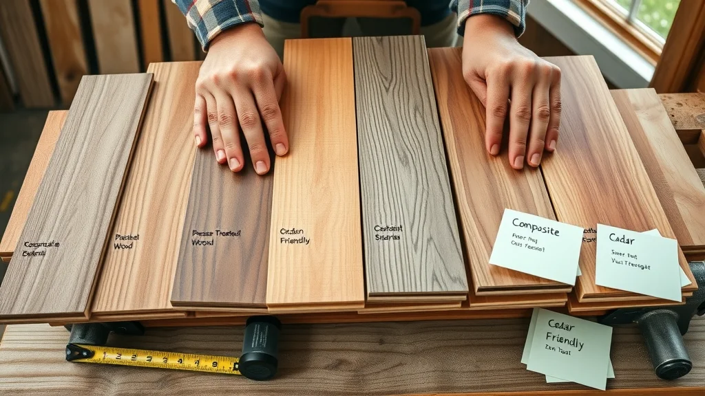 Assorted decking materials comparison — Hands arranging samples of pressure-treated wood, composite, cedar, and eco-friendly boards on a carpenter’s bench, highlighting visible texture and color differences.