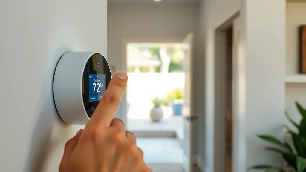 Close-up on smart thermostat controlling a cooling ac system in Eustis FL, finger pressing mode