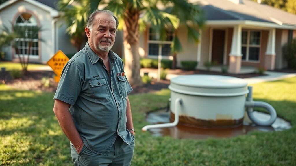 Concerned homeowner in Eustis Florida standing beside a leaking septic tank system on a residential lawn, septic tank cleaning eustis florida
