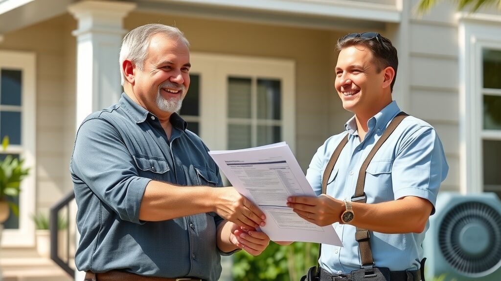 Confident Florida homeowner shaking hands with licensed septic tank contractor after discussing septic system regulations Florida