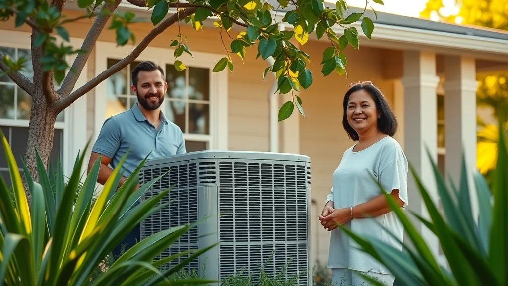 Happy Eustis family with energy-efficient sustainable air conditioning unit in Central Florida front yard