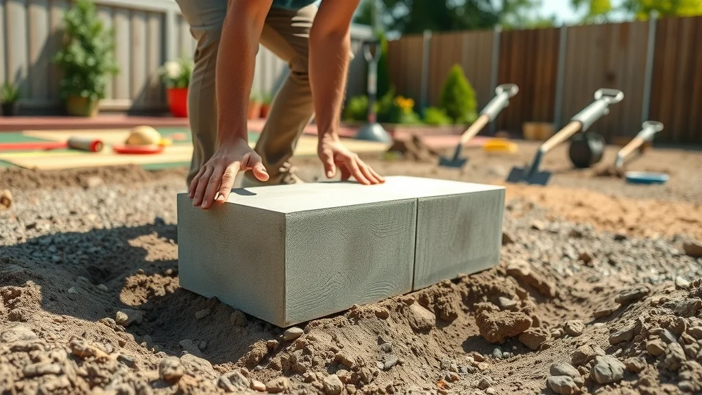 DIY deck builder installing deck footing block into leveled ground for stable deck pier and support