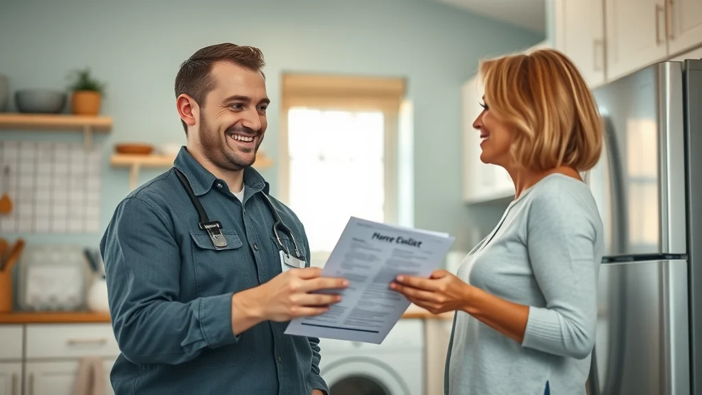 appliance repair services Affordable appliance repair Eustis technician in a welcoming kitchen with homeowner reviewing repair checklist, washer and refrigerator visible