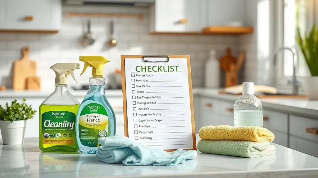 Checklist and cleaning supplies on a spotless Eustis kitchen counter—organized, inviting scene, no people, eco-friendly cleaning products, photorealistic
