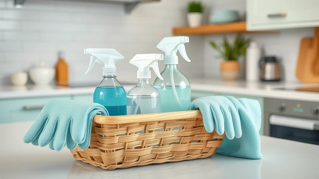 Modern, neatly arranged cleaning supplies basket on a spotless Eustis kitchen counter with eco-friendly products and microfiber cloths