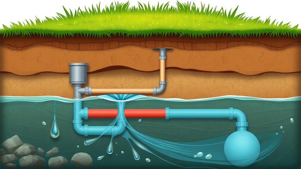Cutaway illustration highlighting problematic septic system areas, leaks, drain field, for septic system inspection Eustis