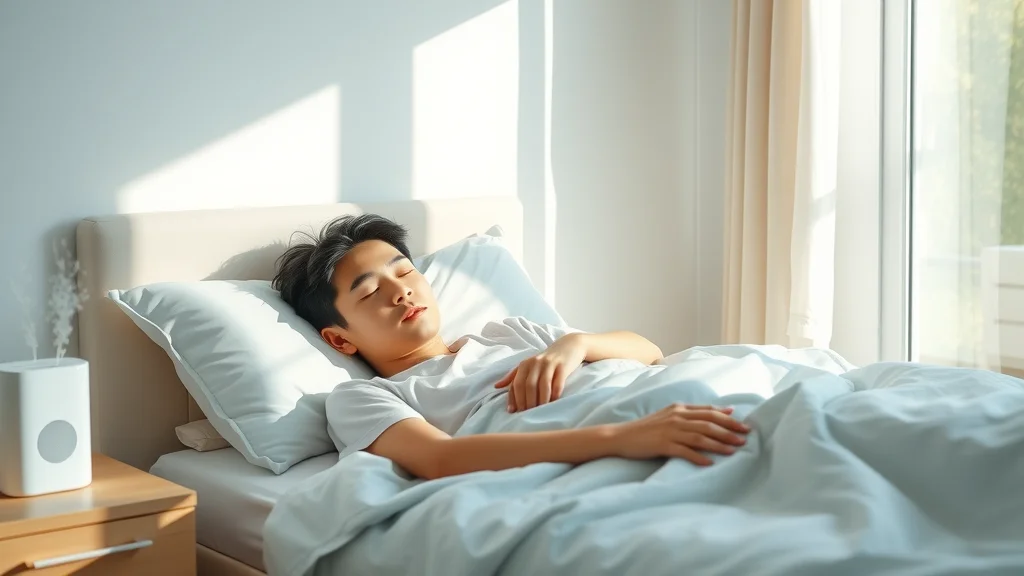 bright clean bedroom with air purifier running, young person sleeping peacefully, photorealistic minimalist design, pastel blues and whites, early morning light