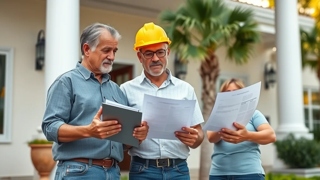 Homeowner and deck contractor review building permits in front of Eustis city hall under Florida palm trees