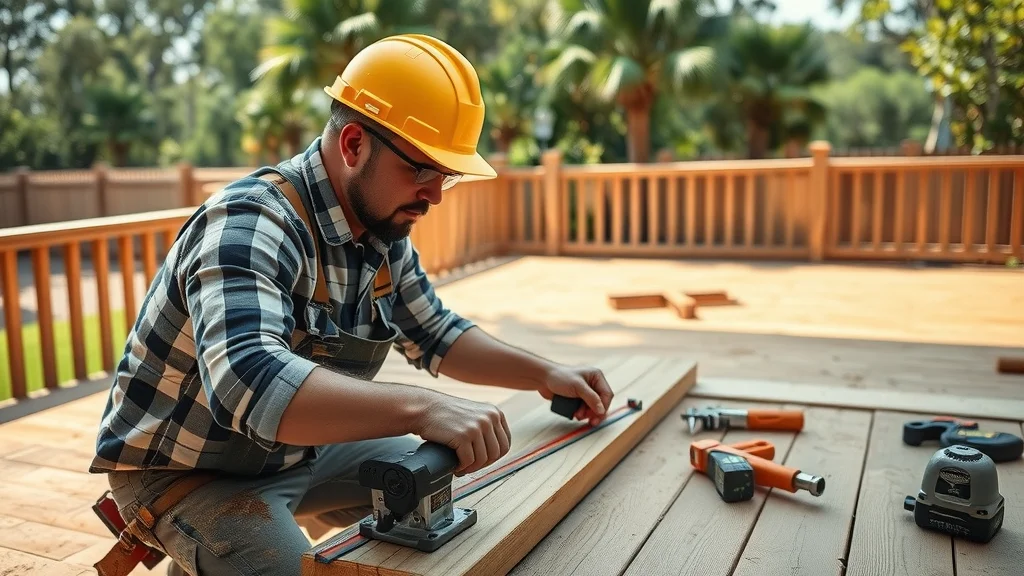 Professional deck builder using precision tools to install wood decking in sunny Eustis backyard with Florida landscaping