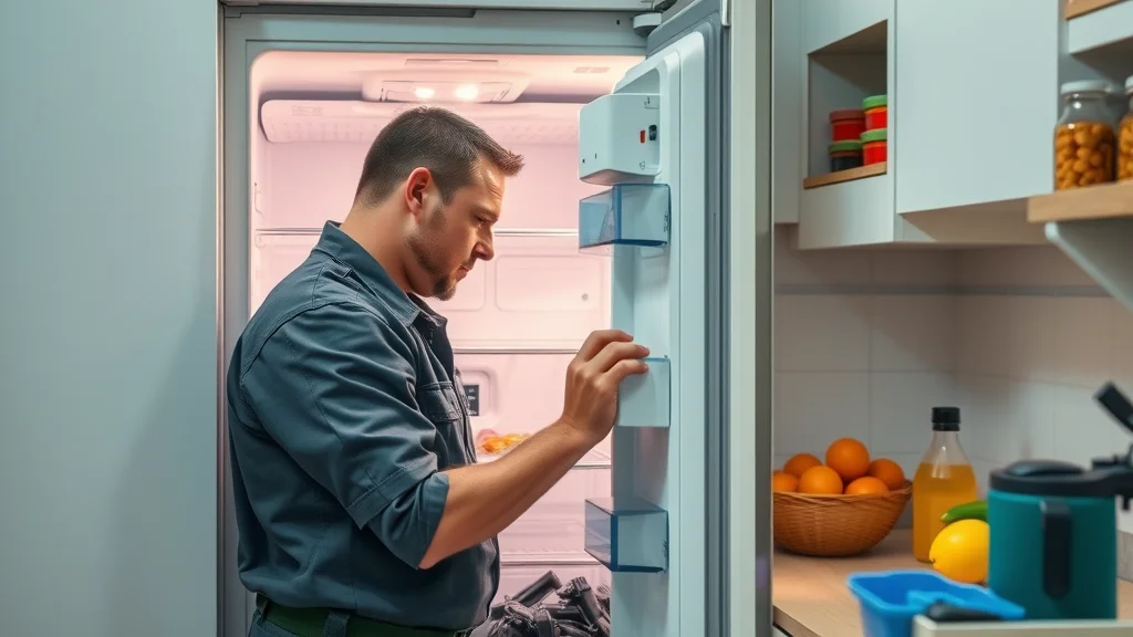 Refrigerator repair in Eustis - technician fixing lower fridge compartment in a modern kitchen