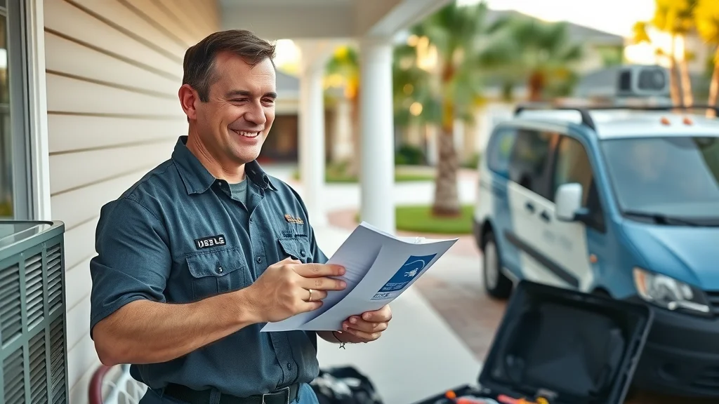 Professional HVAC technician consulting with Eustis FL homeowner about an energy star rated HVAC system on a sunny porch
