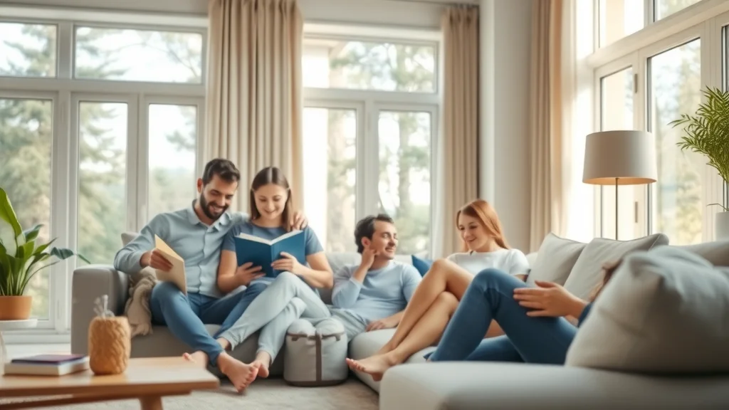 air filtration systems for asthma modern living room with a compact air purifier, family relaxing, photorealistic, calm contentment, sunlit space, large windows, visible particles being drawn in