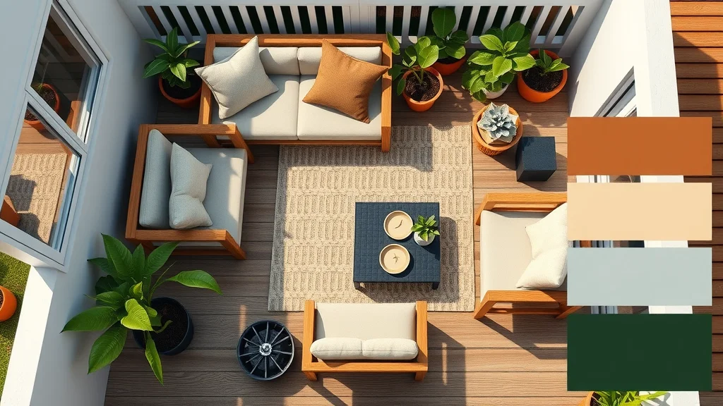 Overhead flat-lay of small deck decor with modular furniture, potted plants, weatherproof accents, and color swatches maximizing space