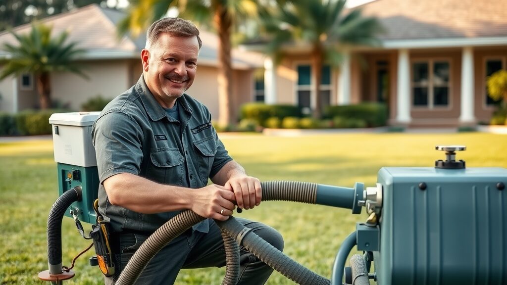 Septic maintenance professional using equipment to pump residential septic tank in Eustis - septic tank service central Florida