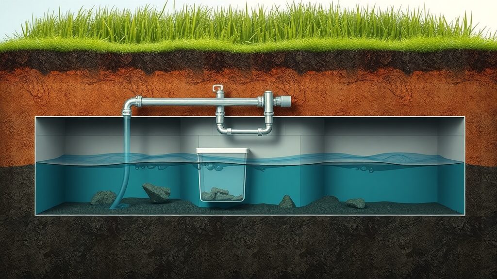 Cutaway illustration of a modern septic tank system in operation underground, septic tank cleaning and filtration process, septic tank Eustis FL