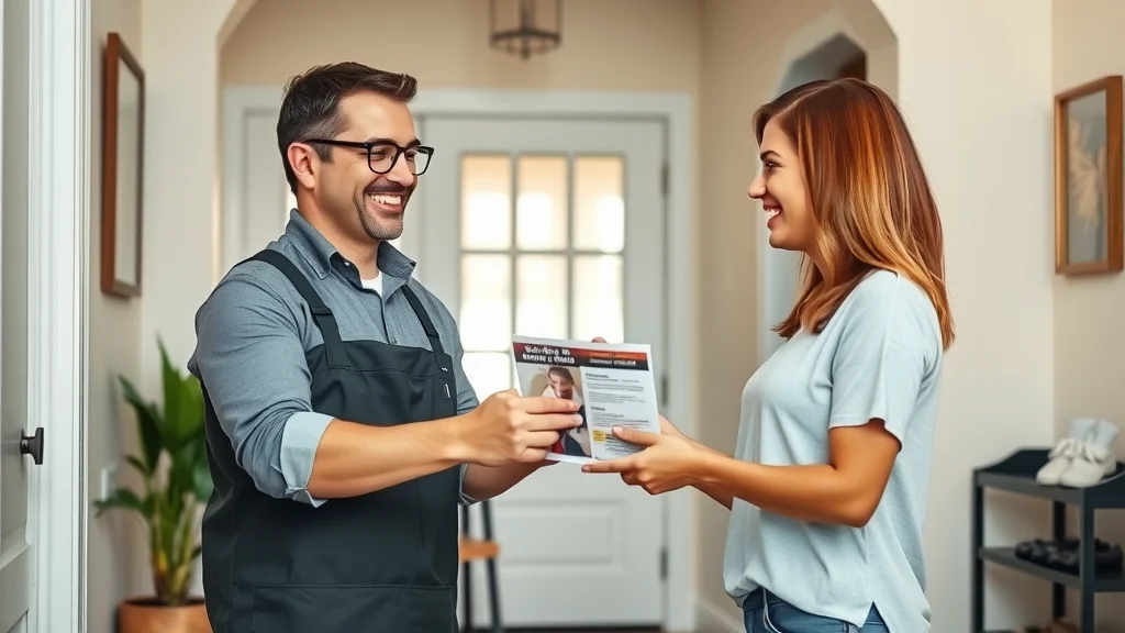 Professional cleaner handing affordable home cleaning Eustis promotion to happy homeowner