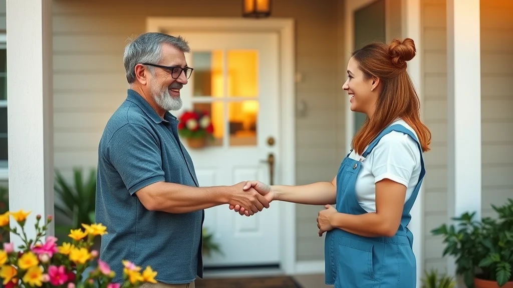 Grateful homeowner shaking hands with a professional cleaner on a sunny Eustis porch, warm welcome and relief on their faces