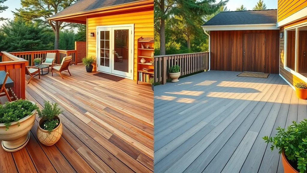 Side-by-side traditional wood deck and modern composite deck, visually comparing material and maintenance differences for deck budgeting guide