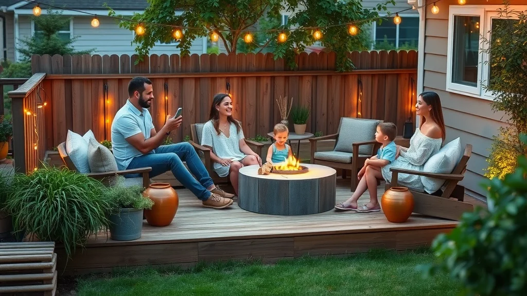 Creative and affordable small yard deck idea with built-in seating, fire pit, and upcycled wood for cost-effective outdoor decks