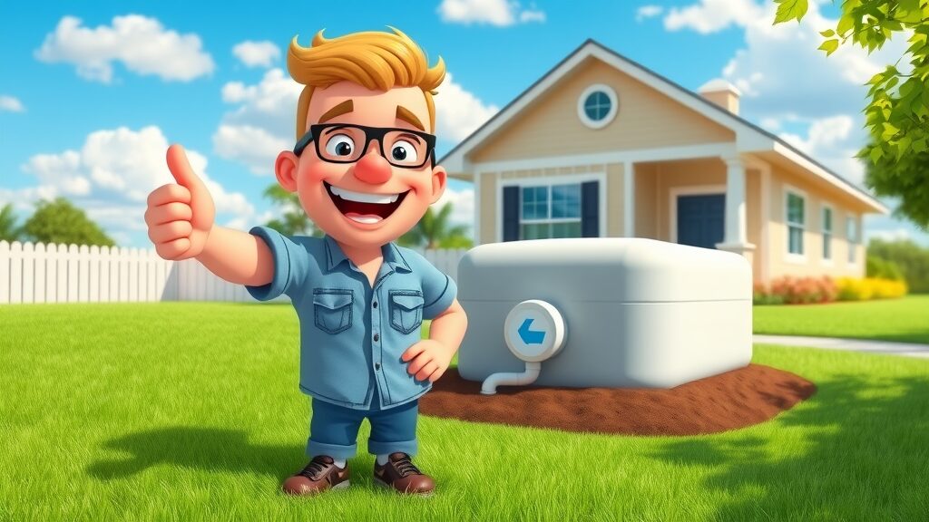 Happy Eustis FL homeowner showing thumbs up after septic tank service, healthy tank area with green grass and clear sky