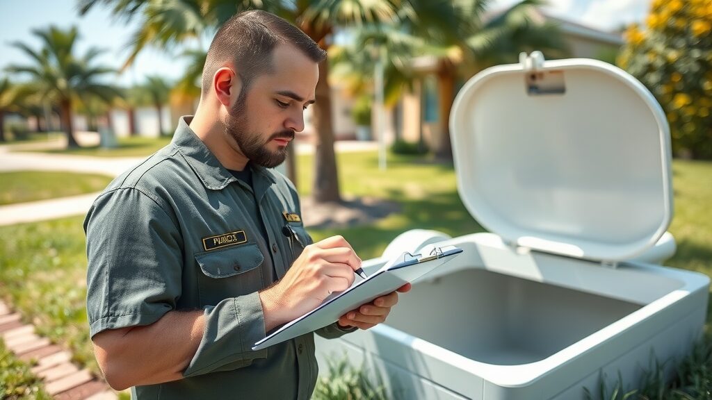 technician using clipboard, inspecting clean open septic tank, step-by-step septic tank maintenance Eustis FL