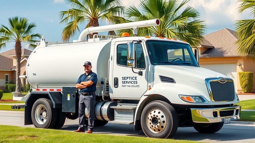 Modern septic service truck in Eustis FL neighborhood, driver in uniform ready for tank pumping, tank service, and septic system cleaning