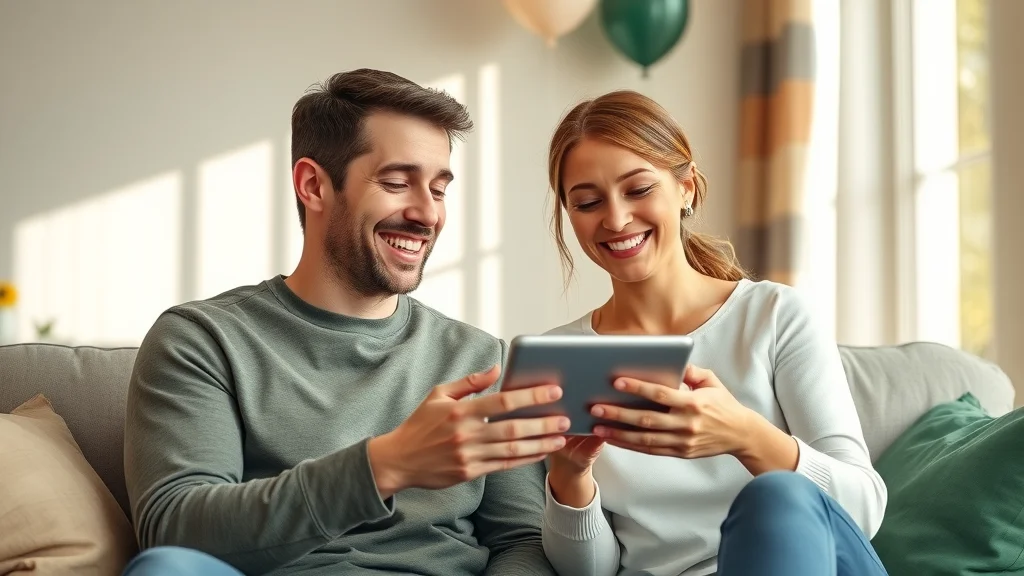 Happy young couple in Eustis relaxing after booking professional cleaners, reviewing service details in modern clean living room