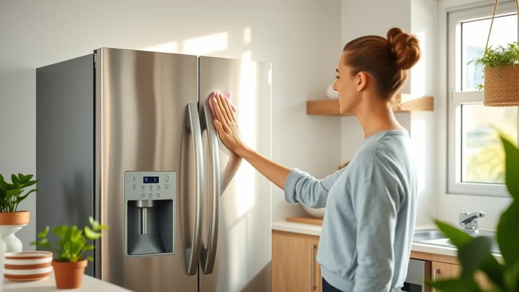 dishwasher Modern kitchen scene with spotless stainless steel appliances — contentment and attentiveness, a young homeowner gently wiping a refrigerator door, morning sunlight, natural wood accents, leafy houseplants — eustis home appliance maintenance