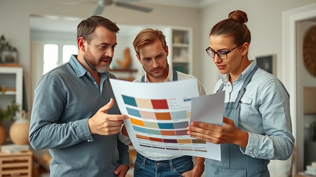Detail-oriented team of painters discussing color chart and swatches in modern Eustis FL home, with tools arranged and fresh, clean design