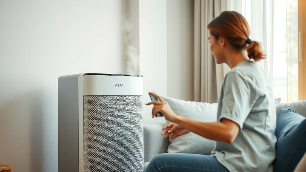 clean HEPA air purifier operating, family adjusting controls in modern living room, clean air streams visualized, soft gray and wood tones