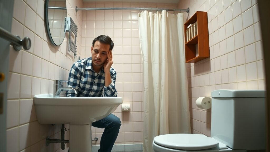 Septic system inspection Eustis, slow-draining bathroom sink and toilet, homeowner checking pipes, signs of septic tank issues