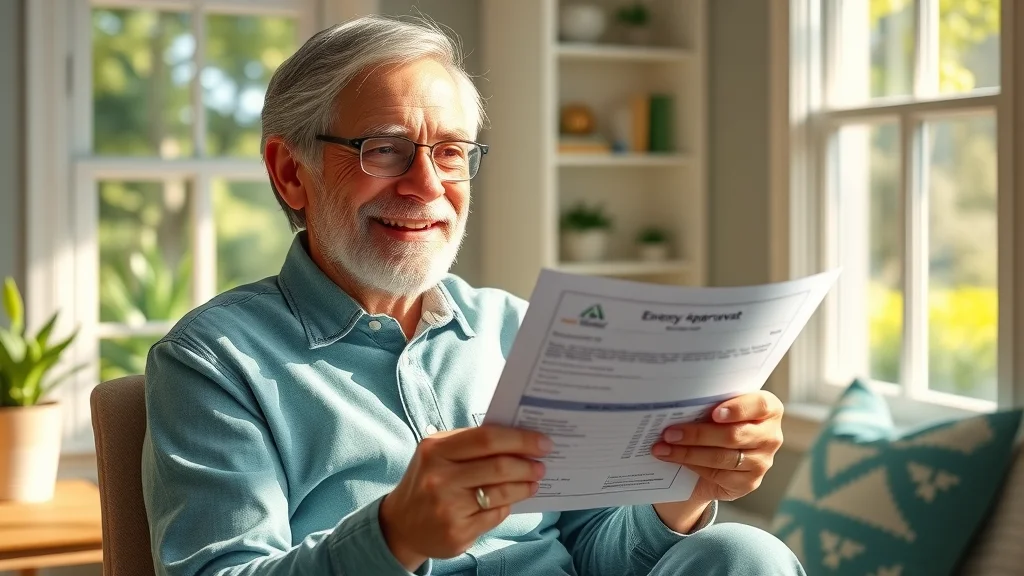 Happy Eustis homeowner with approved energy rebate paperwork in a sunlit home office, celebrating HVAC efficiency savings