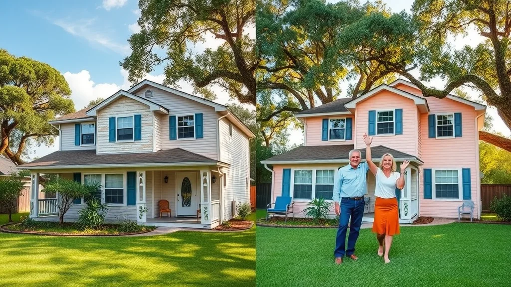 Side-by-side transformation of a Eustis house: faded and peeling paint versus vibrant, freshly painted exterior. Joyful homeowners. Photorealistic, rich color, early afternoon.