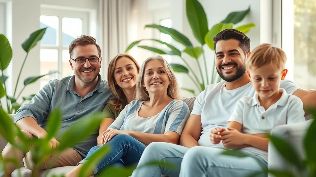 American Lung Association Family enjoying clean indoor air quality in a bright, modern Eustis FL living room, windows open, green plants, visible airflow, and natural sunlight.