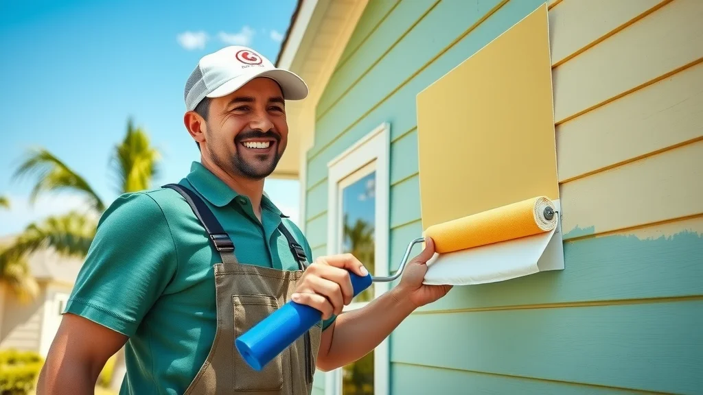 Licensed house painter in Eustis FL applying exterior paint to a Florida style home, focused on efficiency and meticulous results