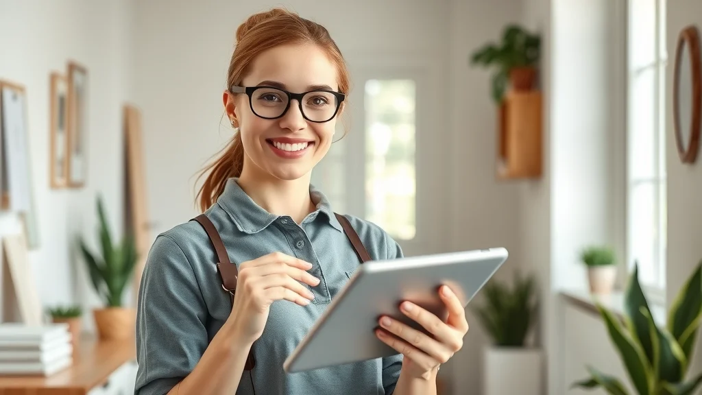 Friendly professional cleaning consultant in Eustis providing customized house cleaning service plans on a tablet