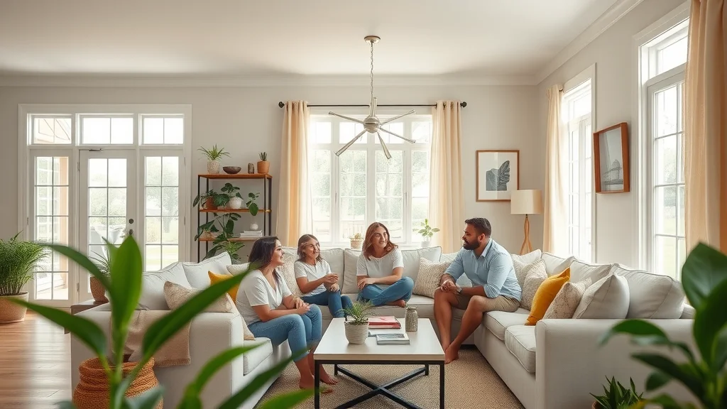 Bright and cheerful Eustis Florida home interior with family relaxing in a spotless, well-organized living room, symbolizing stress-free house cleaning Eustis Florida