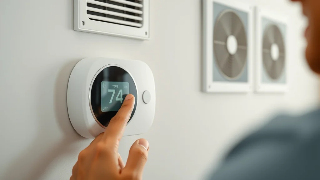 Modern smart thermostat in Eustis home, close-up, digital interface with seamless HVAC system control and citizen adjusting settings, minimalist design, soft lighting.
