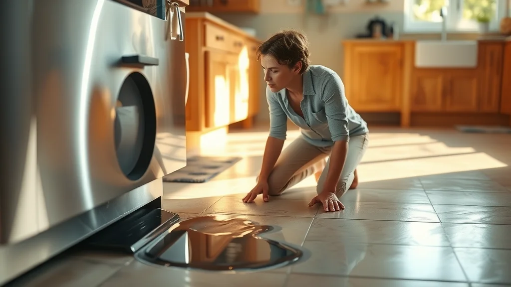 Sleek stainless steel dishwasher leaking onto kitchen floor, emergency appliance repair Eustis, worried parent inspects kitchen appliance