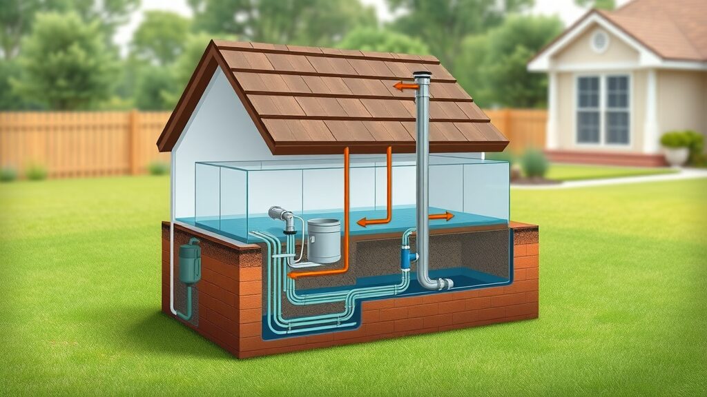 Modern septic tank and drain field diagram for Eustis home, cutaway educational view of waste and water flow