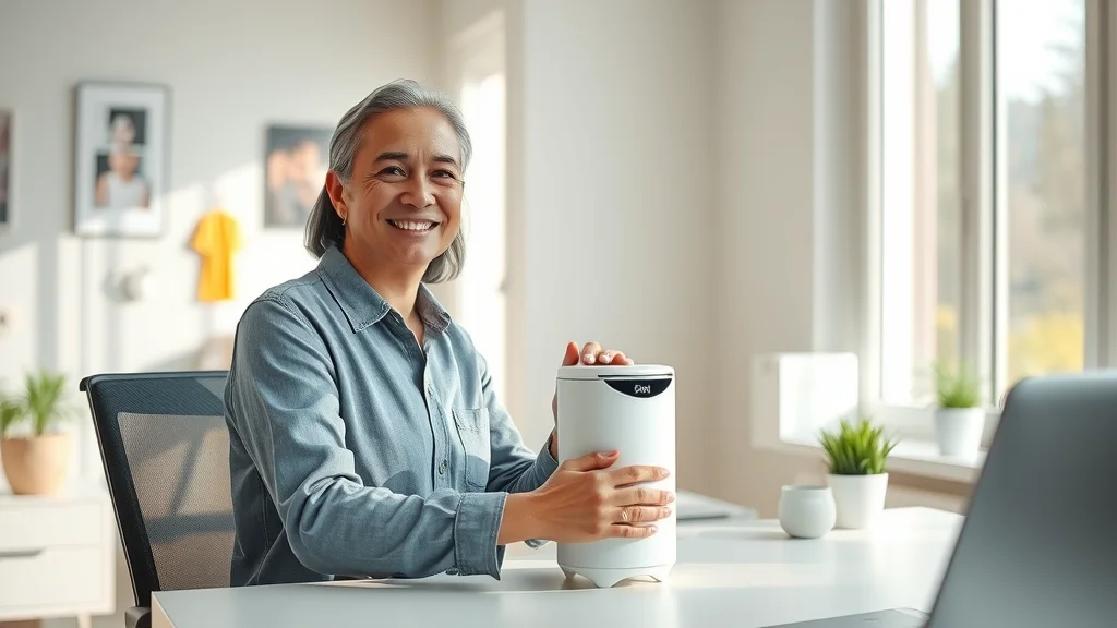 Parent setting up budget-friendly portable air purifier for asthma control in home office