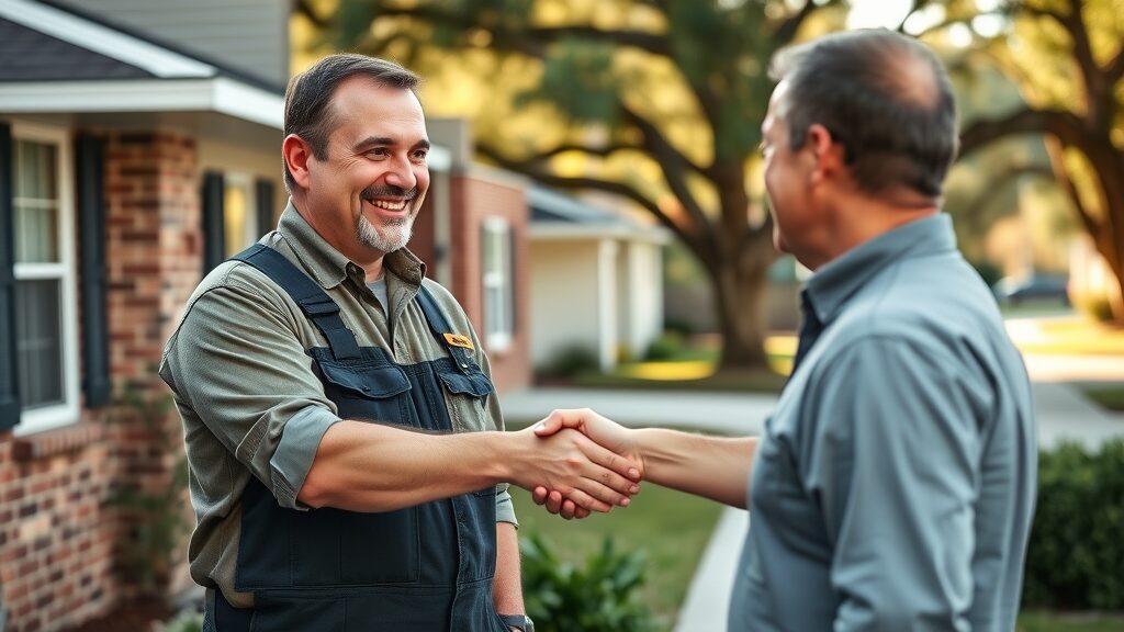 Local septic tank contractor greeting Eustis homeowner, handshake outside brick house, live oaks in background