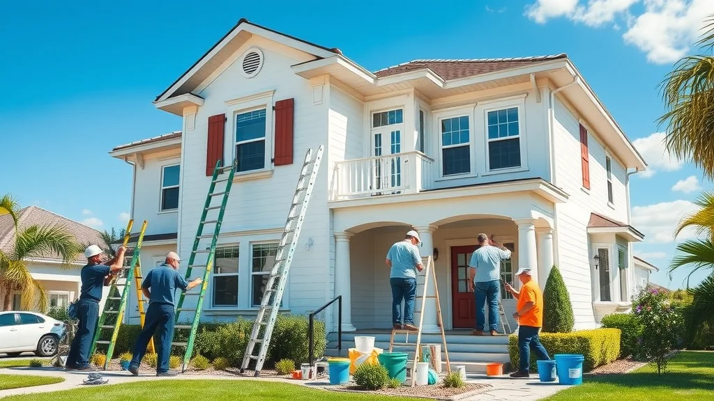 Exterior painting crew prepping and painting a two-story Florida home with clear blue skies - exterior painting, house painters, skilled team, house painting project