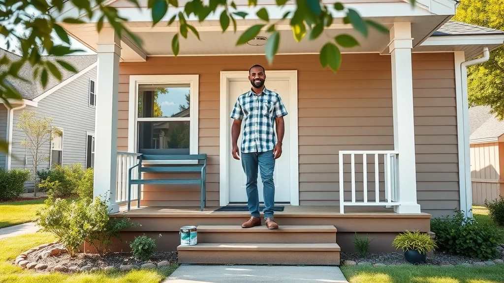 Eustis affordable painting services - happy homeowner outside freshly painted home in Eustis neighborhood, photorealistic
