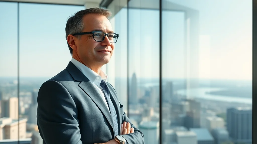Business manager admiring spotless office windows after commercial window cleaning with city skyline view in the background.