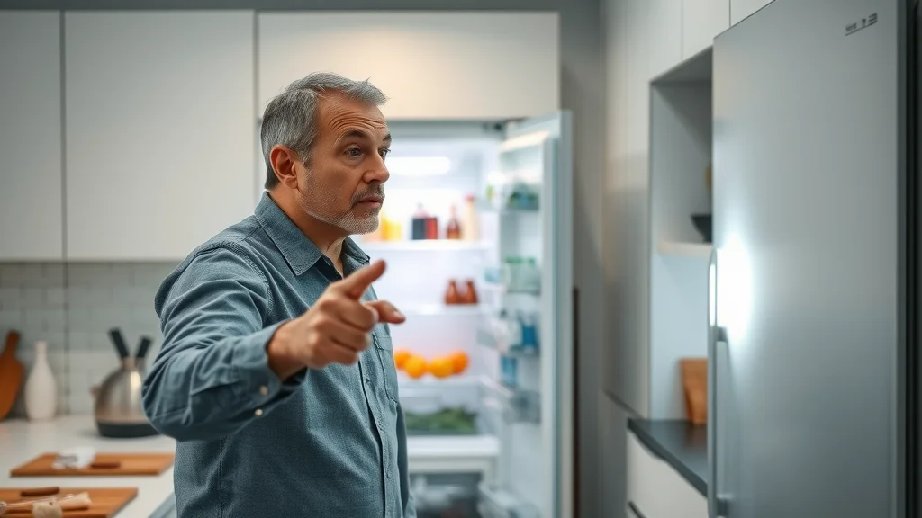 Appliance Repair Service Urgent modern kitchen with flashing refrigerator error light, emergency appliance repair Eustis scenario, homeowner pointing at unresponsive fridge