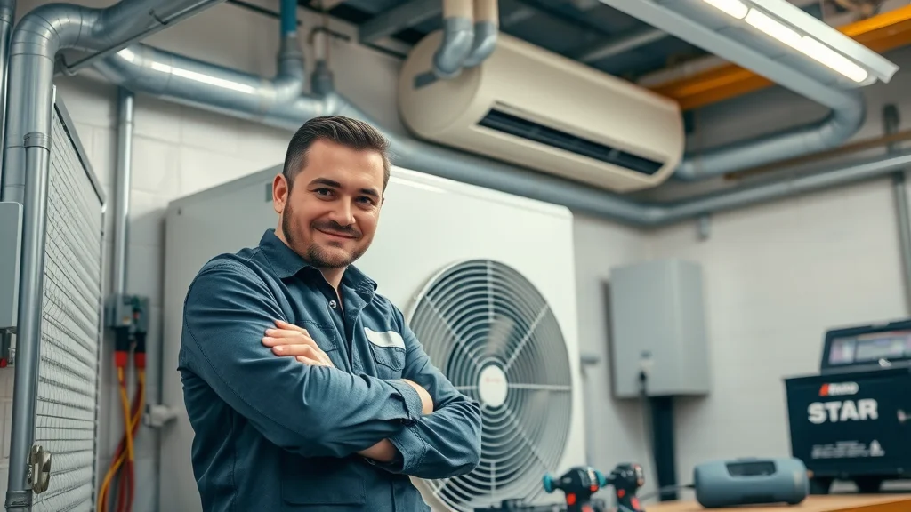 Technician installing sustainable air conditioning Eustis eco-friendly HVAC system in home utility room