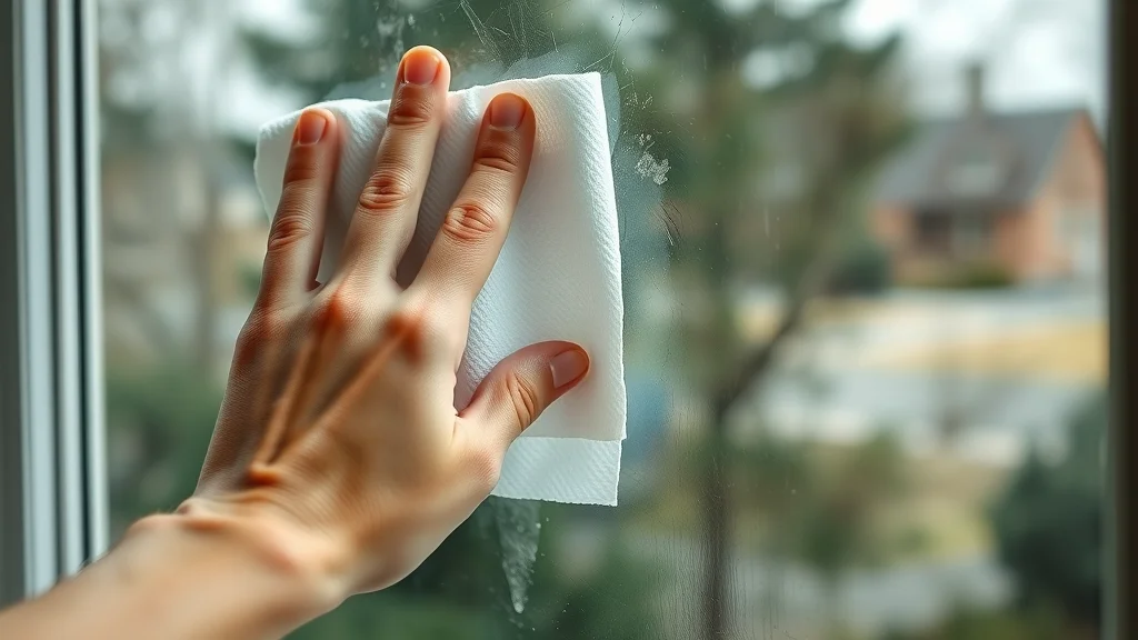 Closeup of a paper towel wiping a window, leaving behind visible smears and streaks, hinting at wrong window cleaning technique.